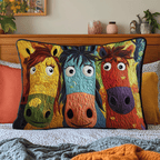 Painted Ponies quilted pillowcase – three wide-eyed ponies in bright colours