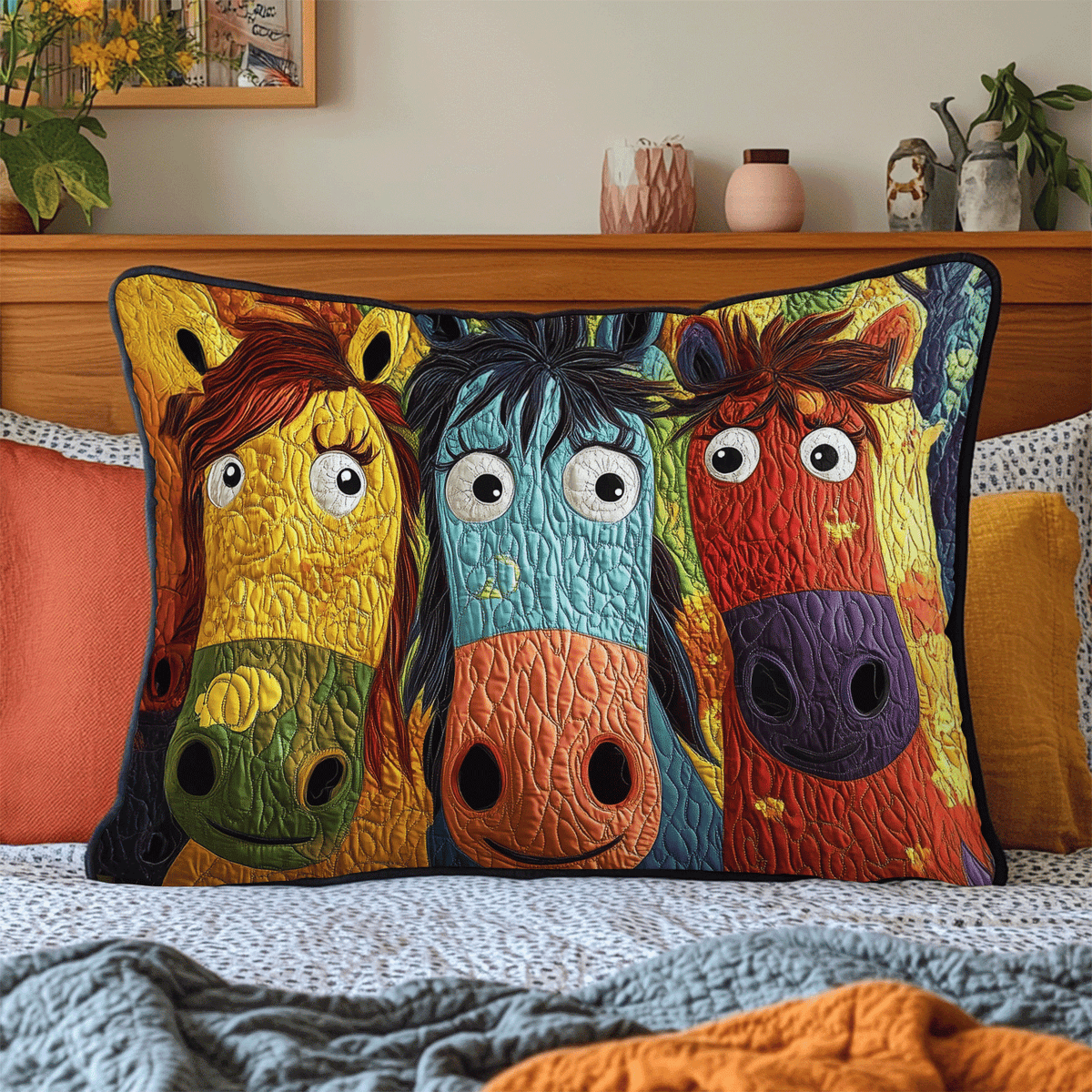 Painted Ponies quilted pillowcase – three wide-eyed ponies in bright colours