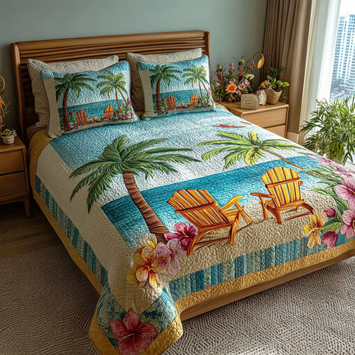 Beach Chairs quilted bedspread set – beach chairs beneath palms by the sea