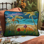 Palm Grove Beach quilted pillowcase – palms and grasses beside blue waves