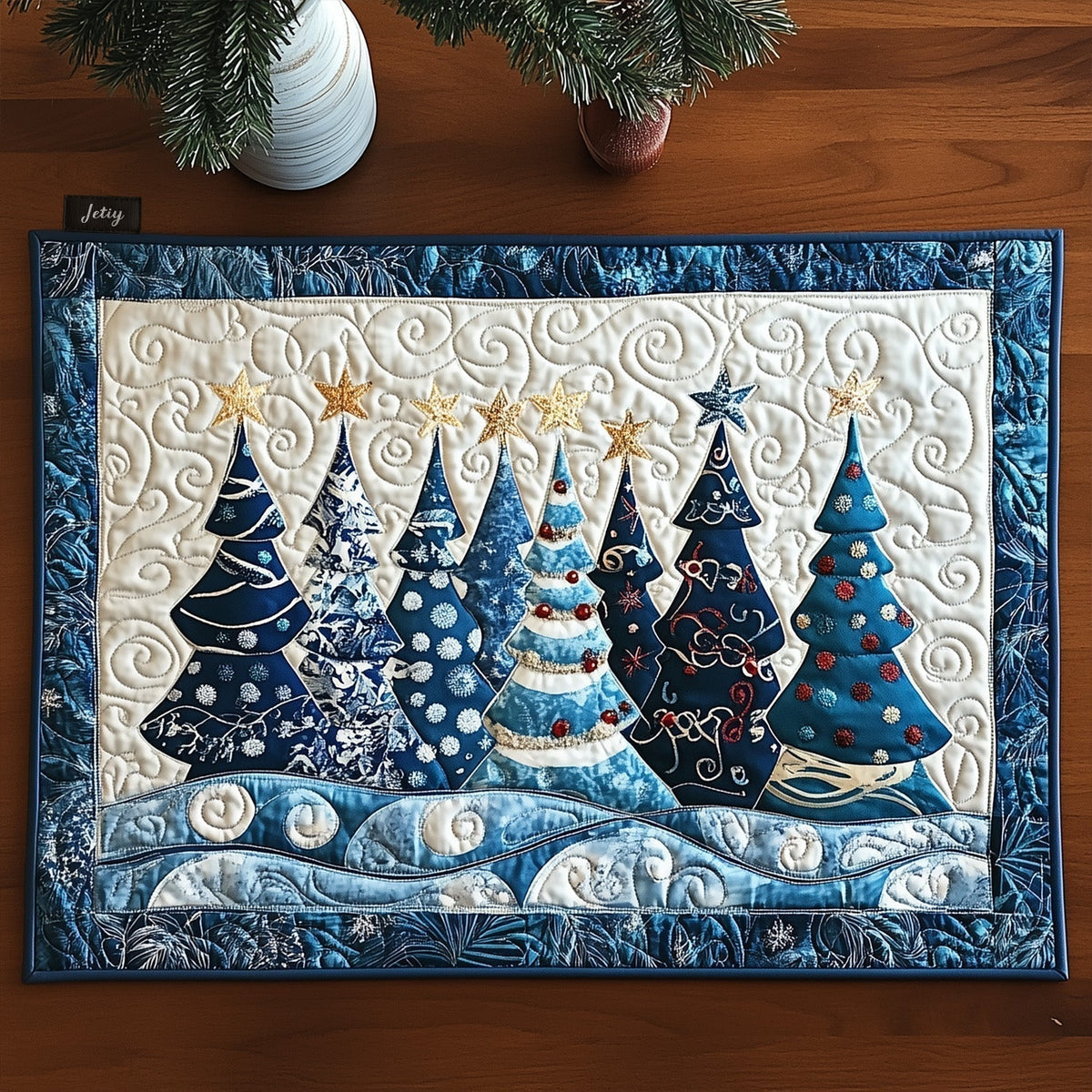 Magical Christmas quilted placemats – blue Christmas trees