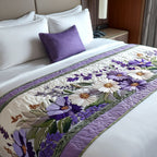 Purple Pansies quilted bed runner – purple pansies on cream edged in lilac