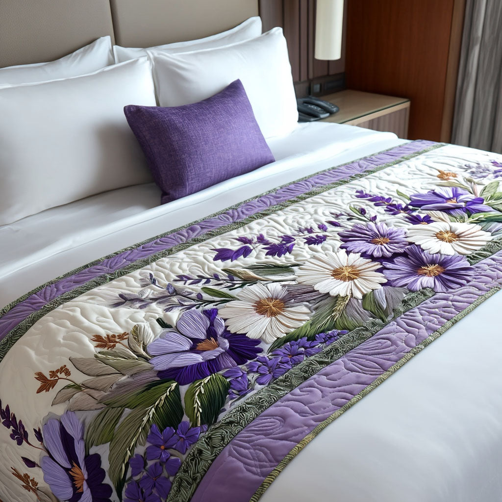 Purple Pansies quilted bed runner – purple pansies on cream edged in lilac
