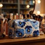 Pansies Breeze quilted make-up bag with deep blue pansies scattered over ivory