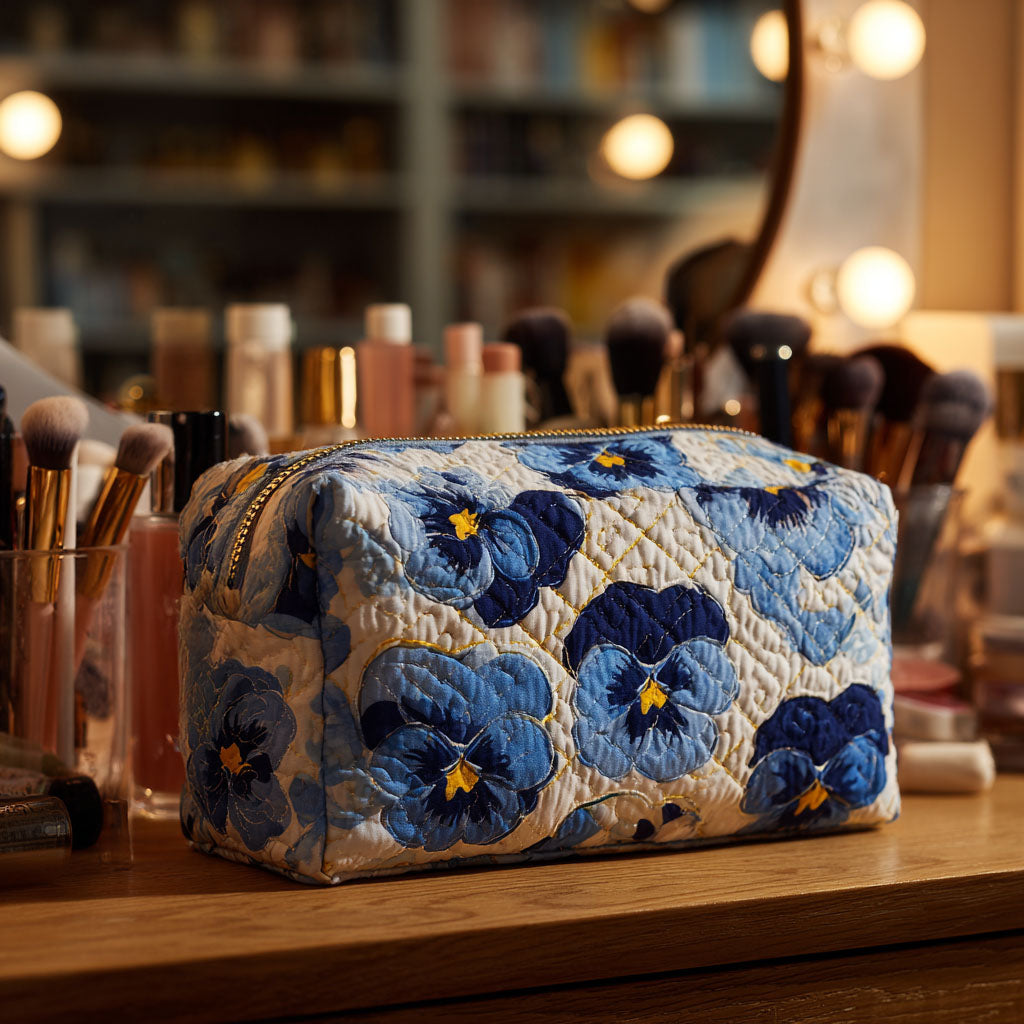 Pansies Breeze quilted make-up bag with deep blue pansies scattered over ivory