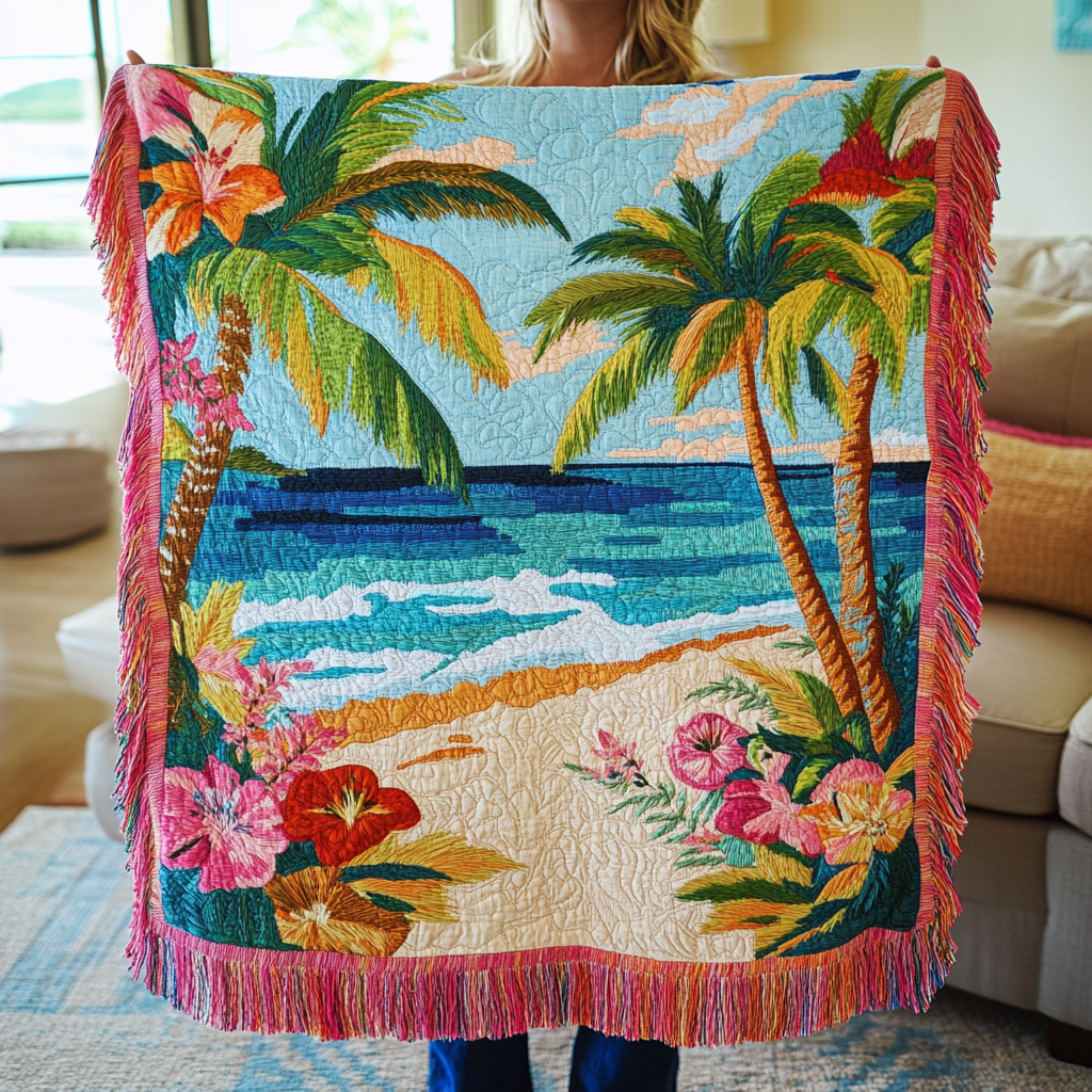 Paradise Palms woven sofa throw – palms framing golden sand
