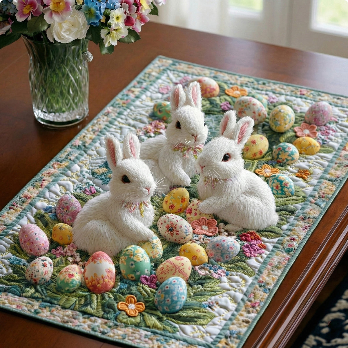 Pastel Bunny Bloom quilted placemats – bunnies and pastel eggs