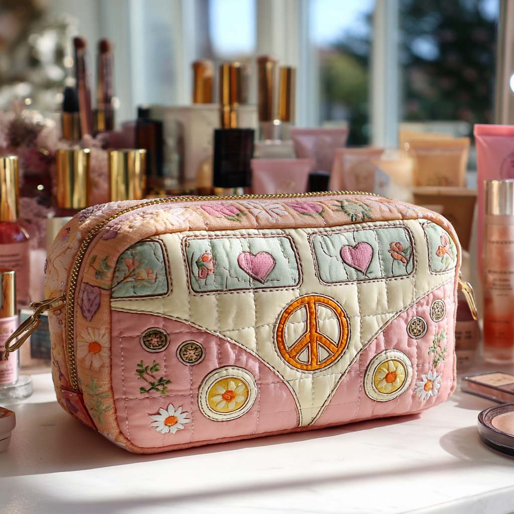 Pastel Dream Van quilted make-up bag with pastel pink camper van with a peace sign and daisies