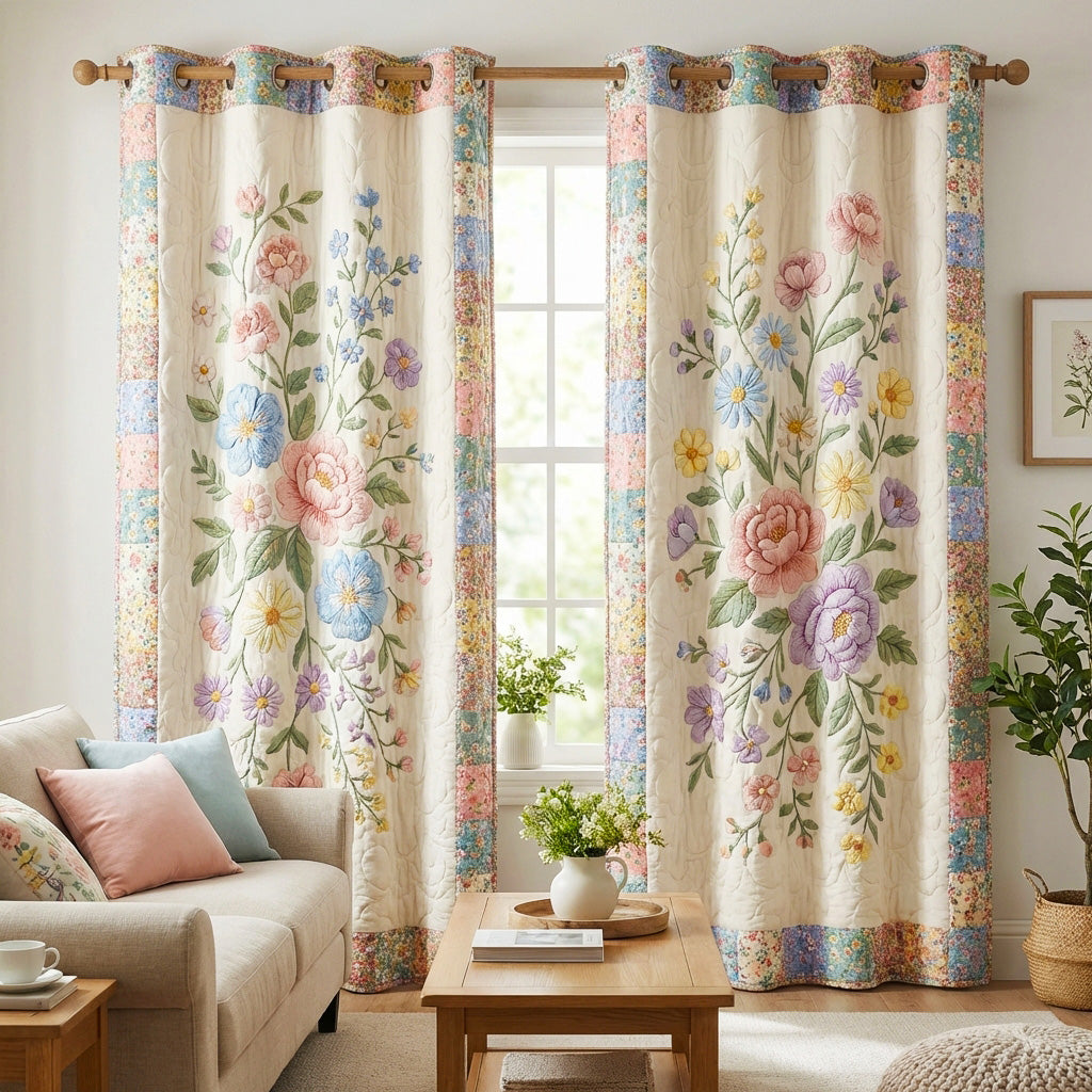 Pastel Floral quilted curtains – pastel flowers on cream