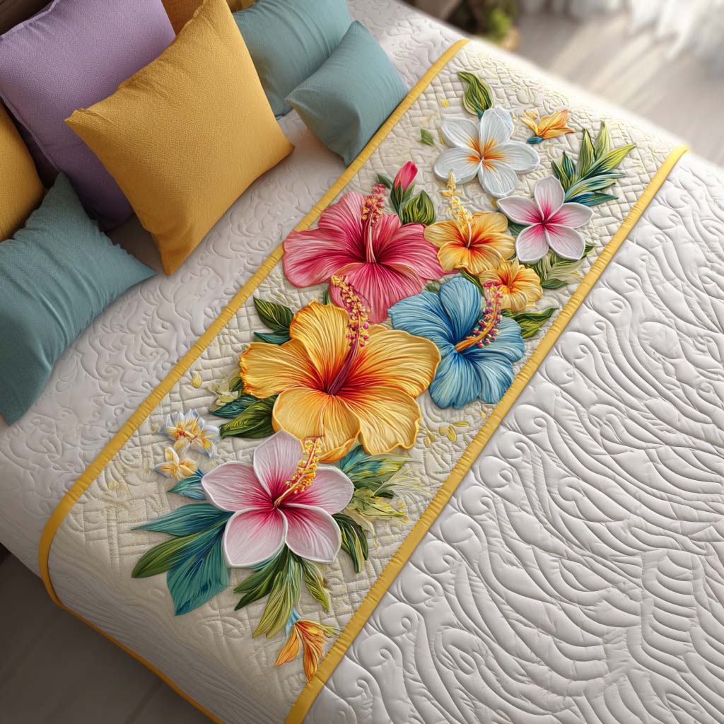 Pastel Hibiscus quilted bed runner – pastel hibiscus on cream