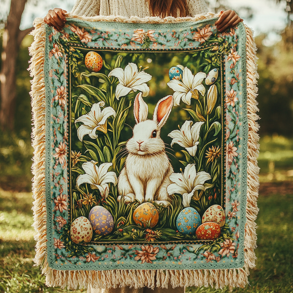 Easter Lily Meadow woven sofa throw – bunny among lilies and eggs