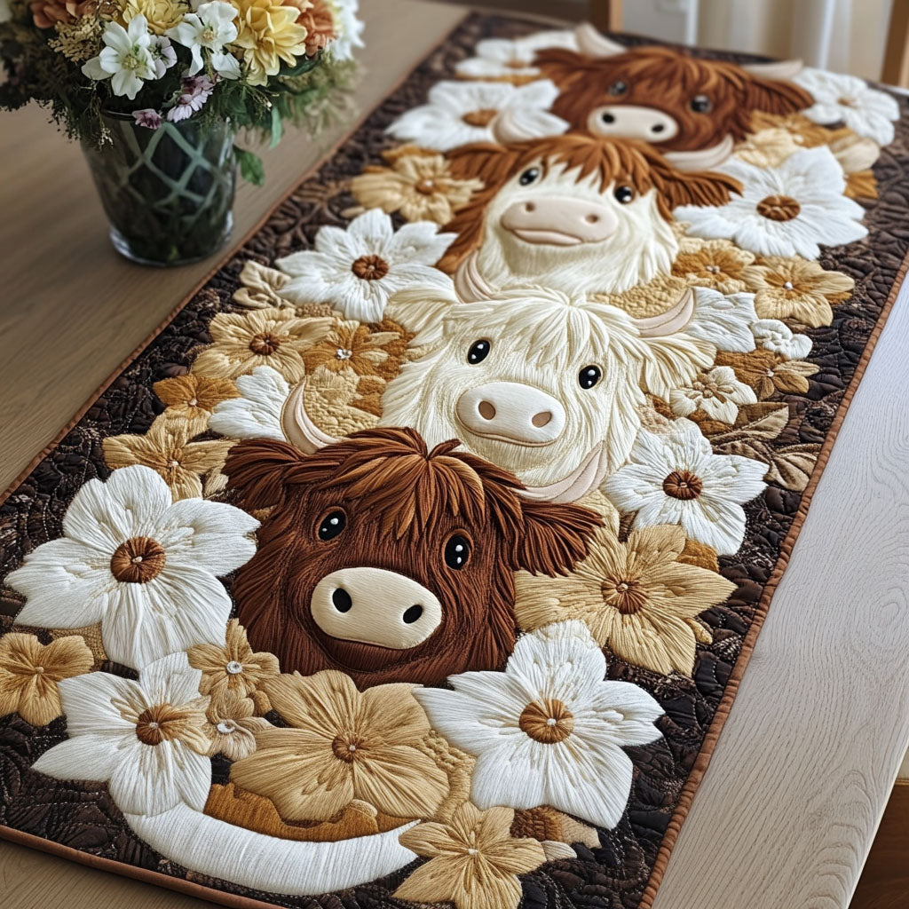 Highland Cow Daisies quilted table runner – highland cows among daisies