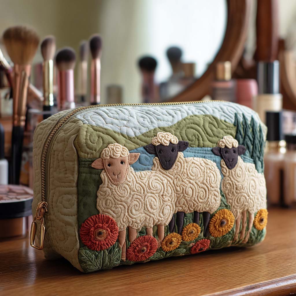 Pasture Sheep quilted make-up bag with sheep grazing above a border of red and orange flowers