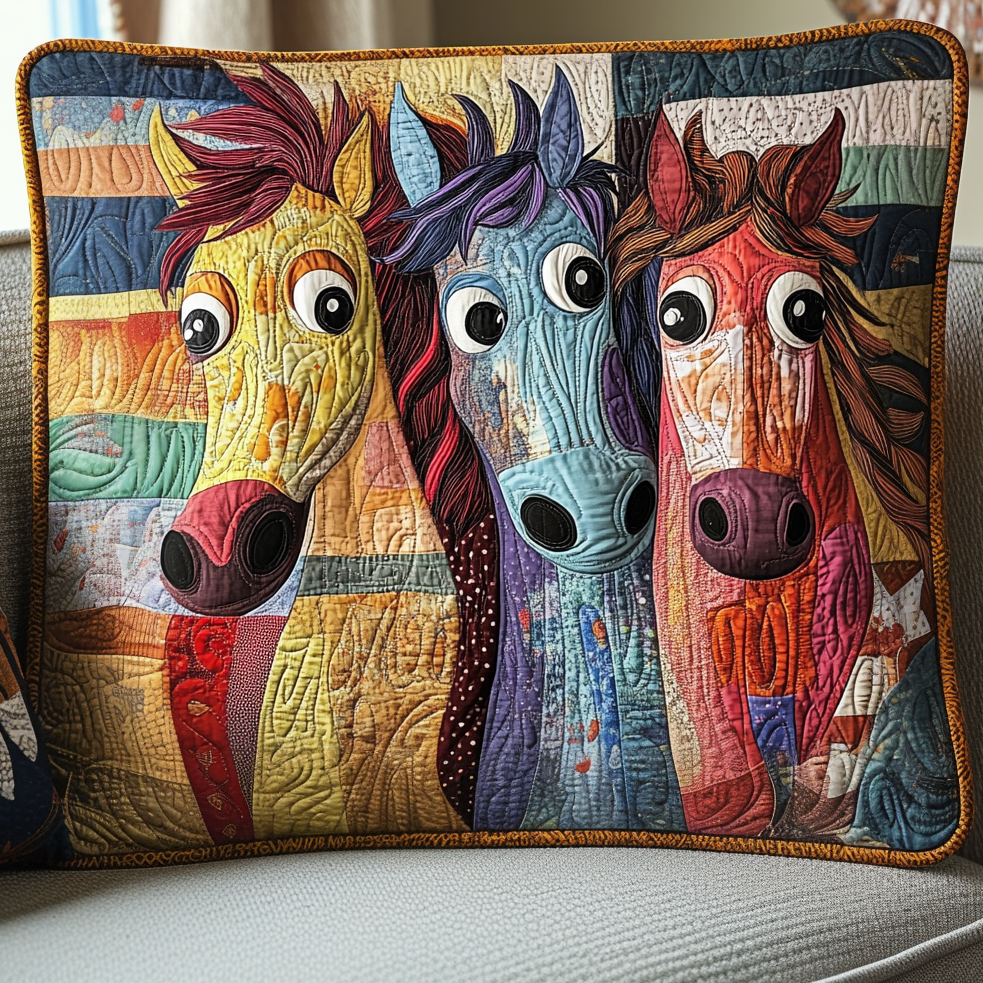 Patchwork Horse Trio quilted pillowcase – three wide-eyed patchwork horses