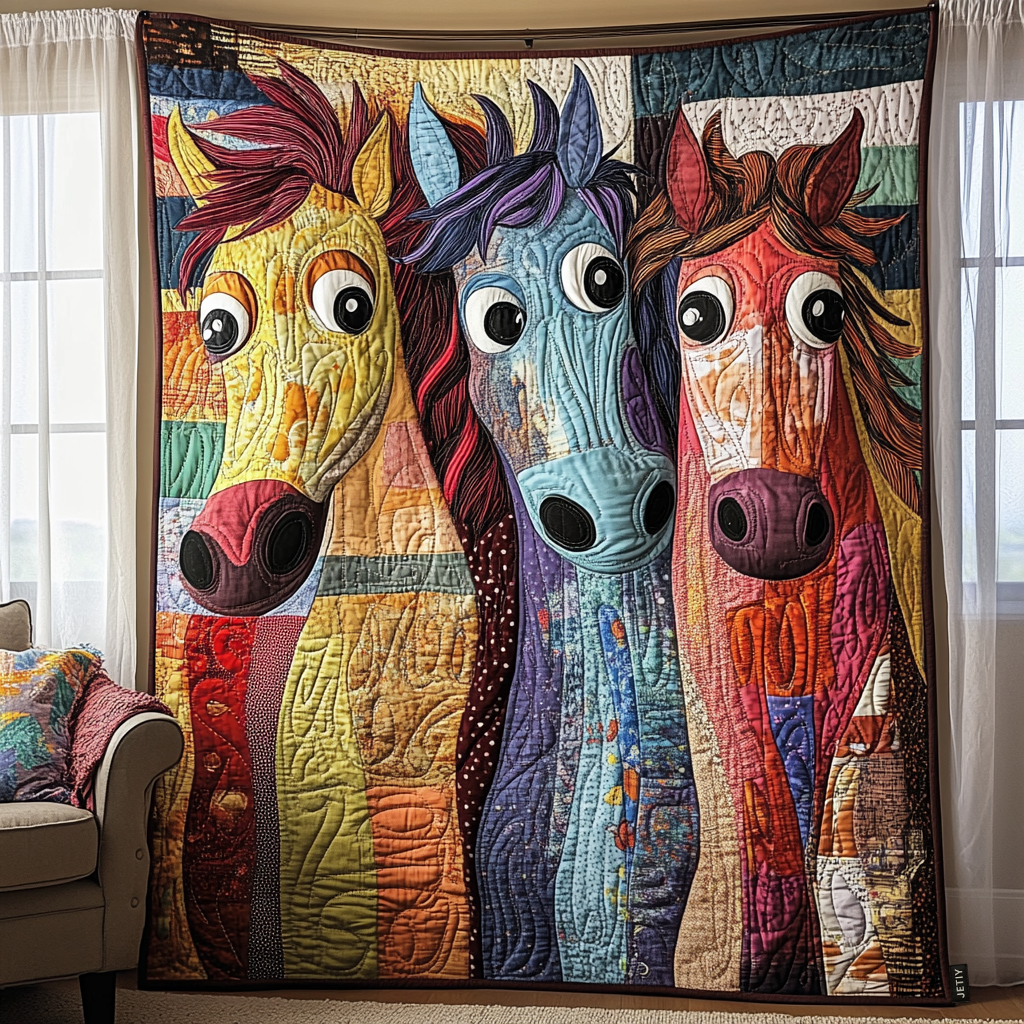 Patchwork Horses quilted throw – three colourful patchwork horses