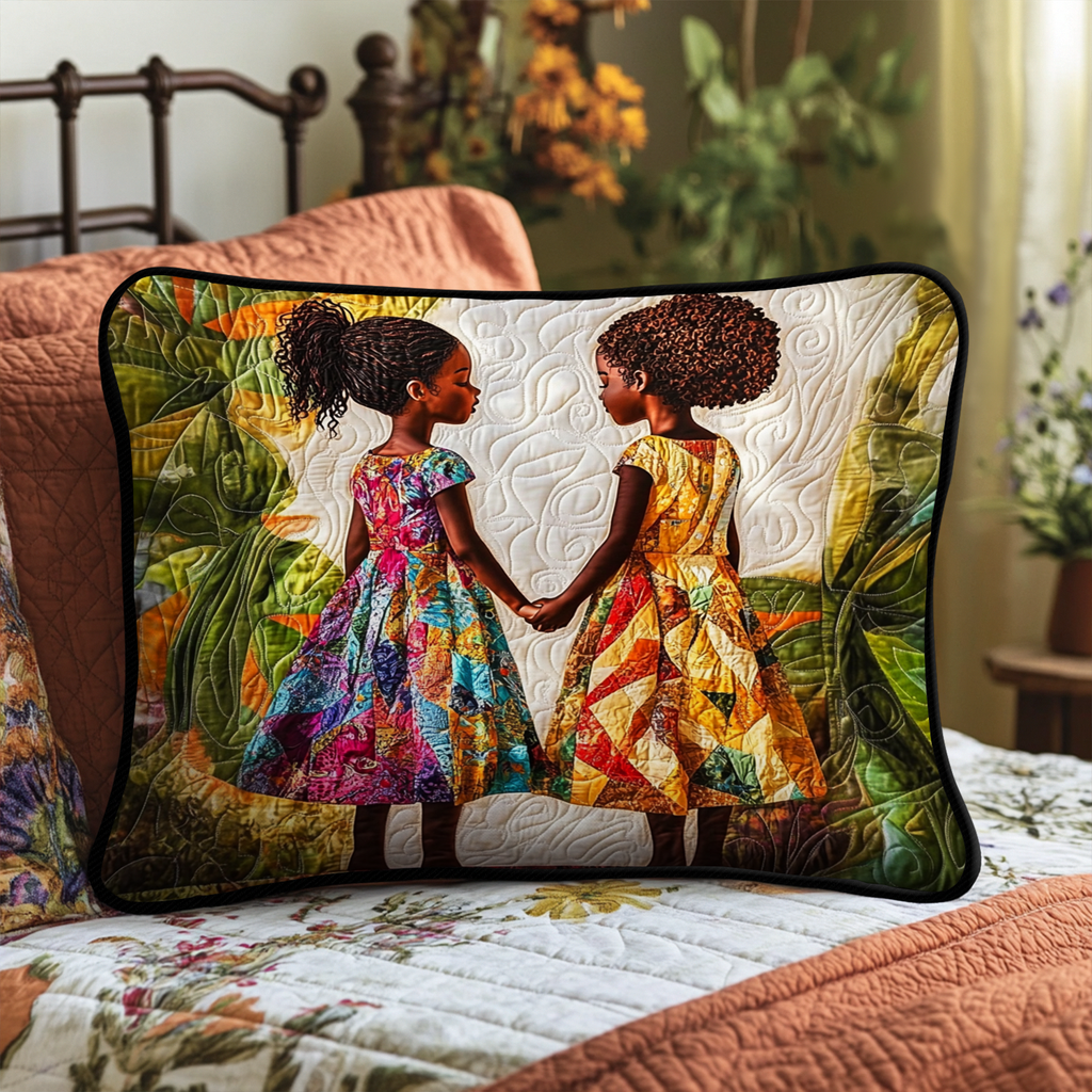 Hand in Hand quilted pillowcase – two girls in floral dresses holding hands