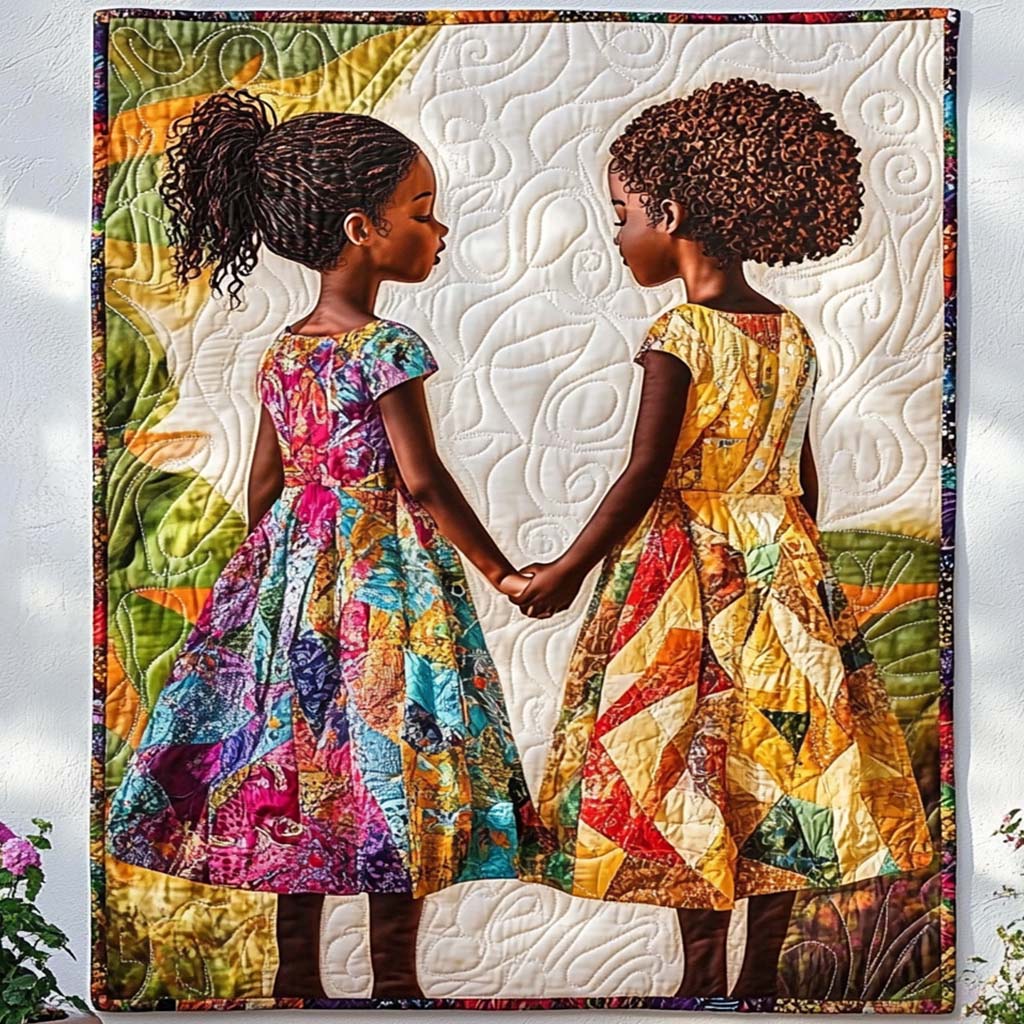 Best Friends quilted throw – two girls in patchwork dresses holding hands