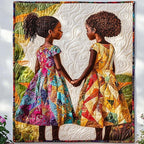 Best Friends quilted throw – two girls in patchwork dresses holding hands
