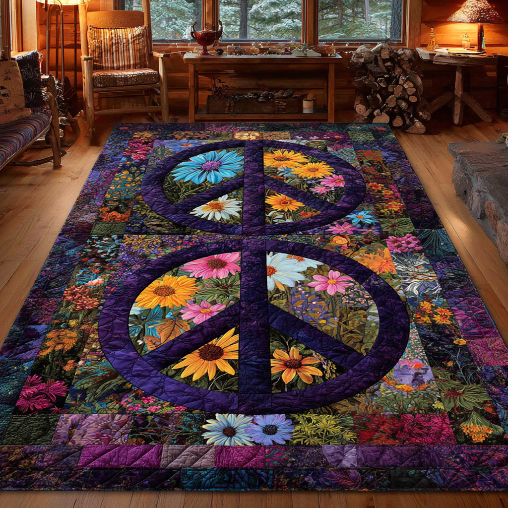 Patchwork Peace rug – floral peace signs
