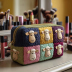 Patchwork Sheep quilted make-up bag with sheep faces in purple, green and pink patchwork squares