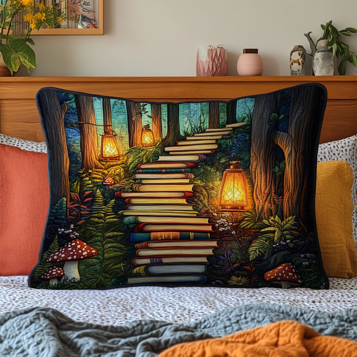 Stairway of Books quilted pillowcase – stairway of books with glowing lanterns