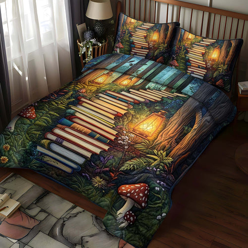 Book Stairway quilted bedspread set – stairway of books with glowing lanterns