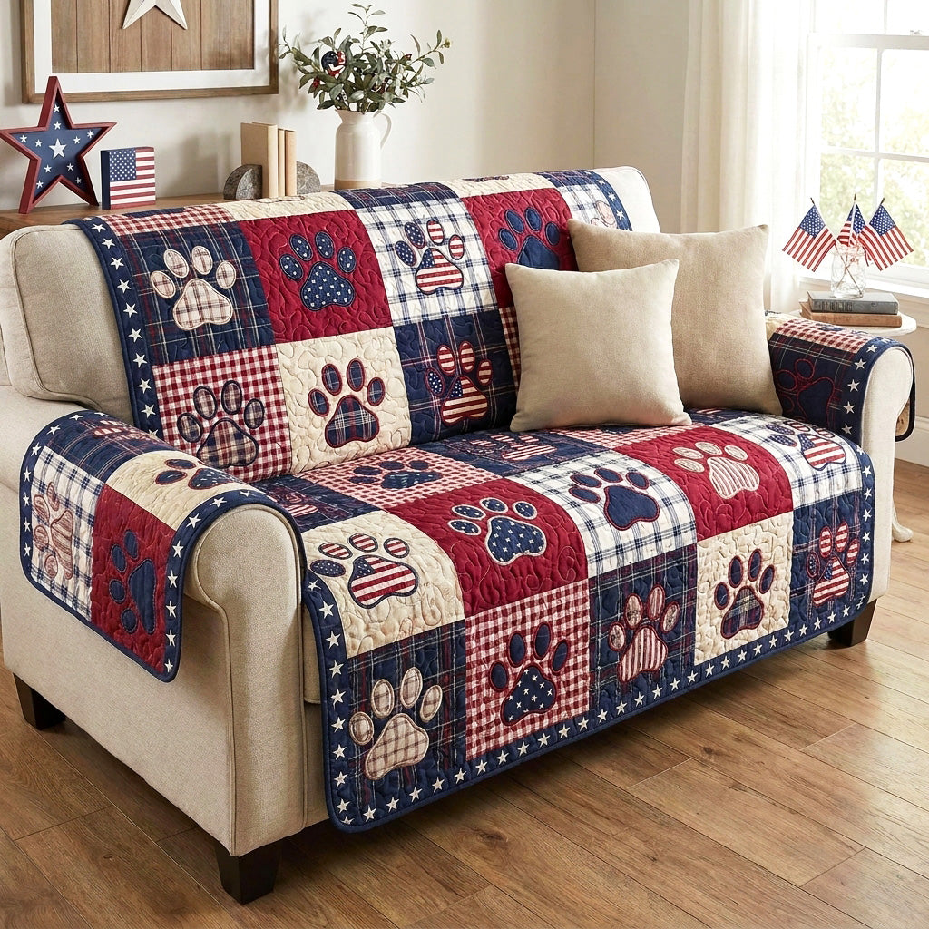 Flag and Paws quilted sofa cover with red, white and blue blocks carrying paw prints, star panels and gingham prints