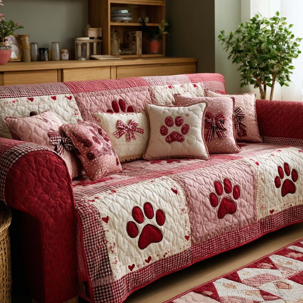 Rose Paw Patchwork quilted sofa cover – red paw prints on rose patchwork