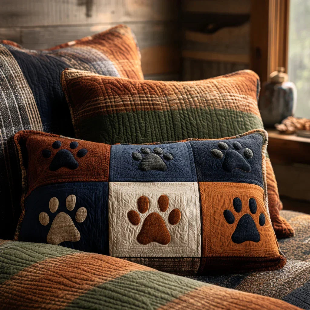 Quilted pillowcase with the Pawprint Meadow design, paw prints tracking through a green meadow of grasses and small wildflowers
