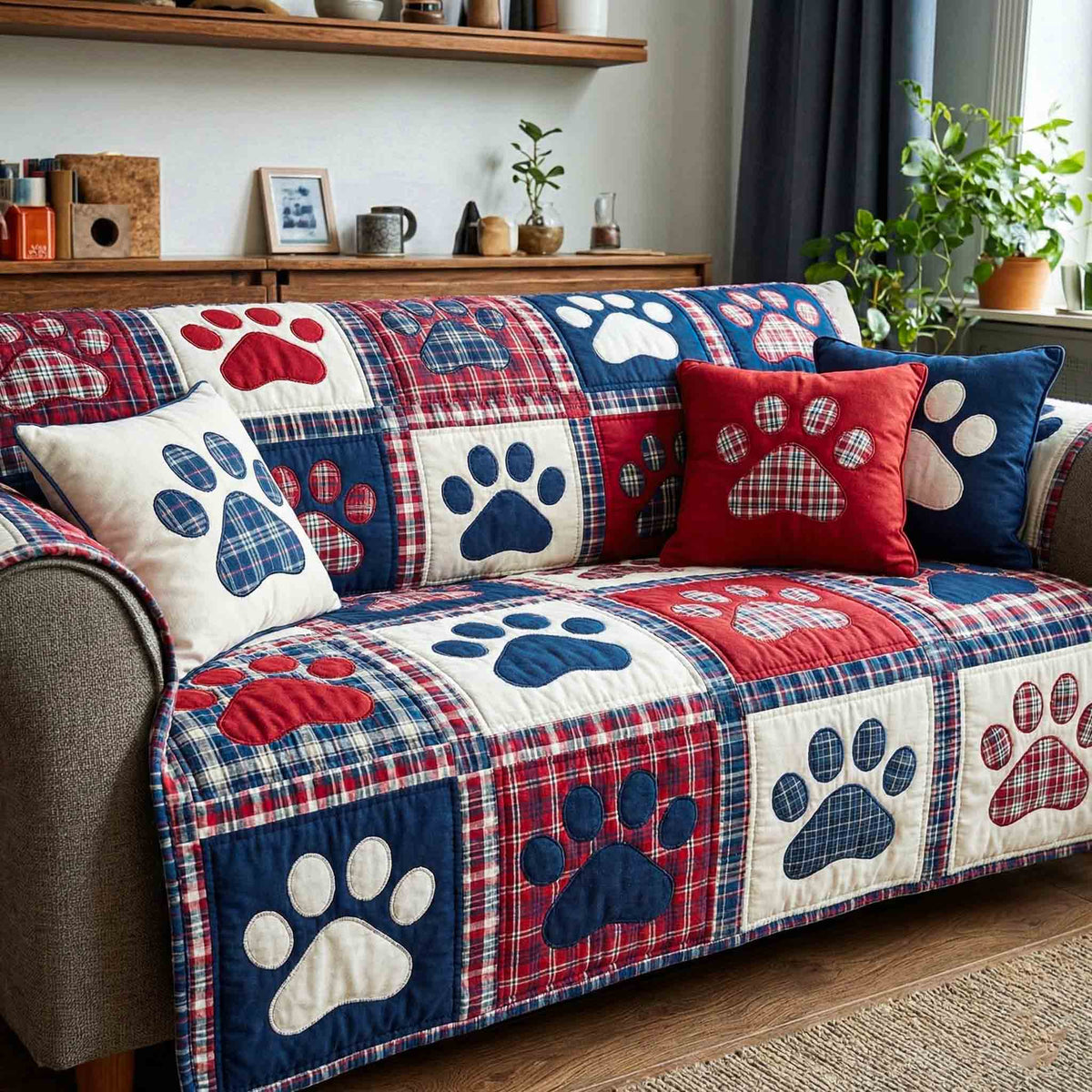 Red White and Navy Paws quilted sofa cover – paw prints in red and navy squares