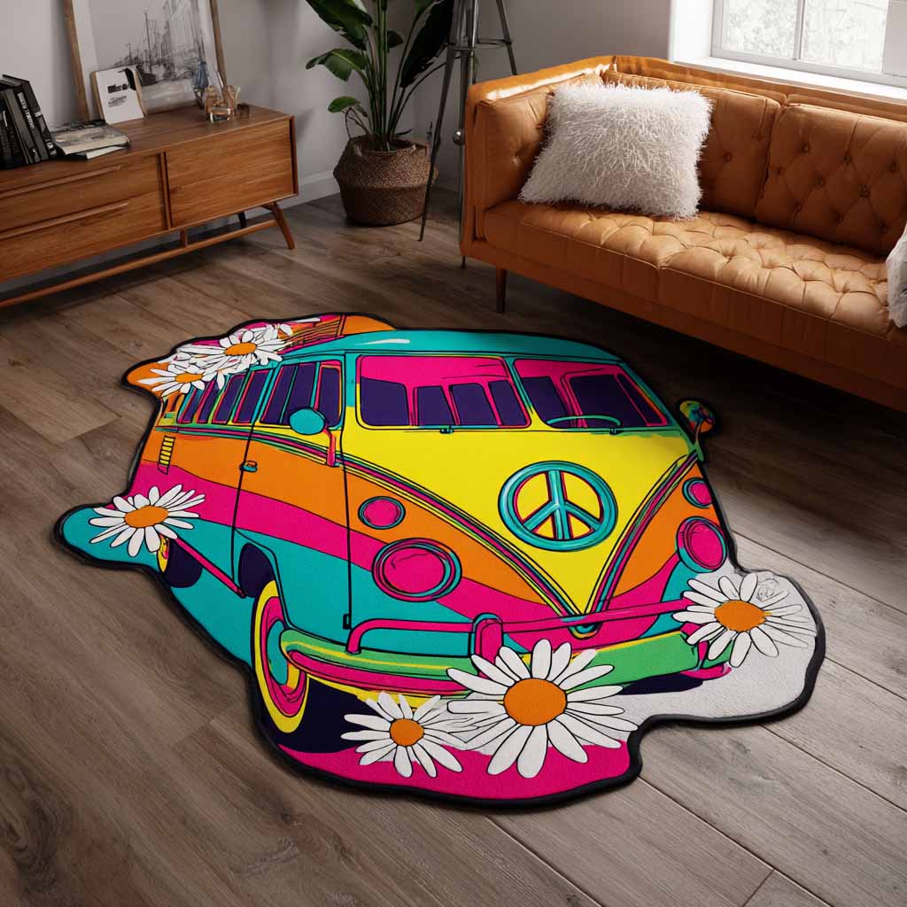 Peace Bus shaped rug – camper van with daisies