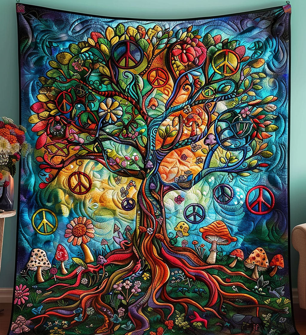Peace Tree quilted throw – colourful tree of life with peace signs