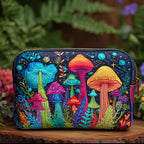 Quilted make-up bag with the Peace Shroom design of toadstools, open flowers and peace signs in mustard, burnt orange and deep teal