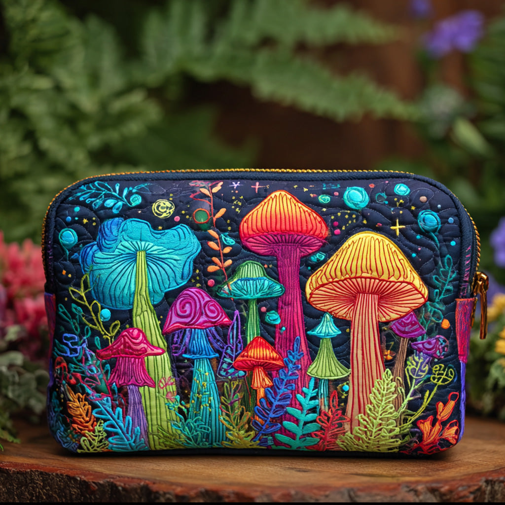 Quilted make-up bag with the Peace Shroom design of toadstools, open flowers and peace signs in mustard, burnt orange and deep teal