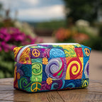 Quilted make-up bag with the Peace Vibe design of peace signs, daisies and toadstools in orange, olive and warm pink