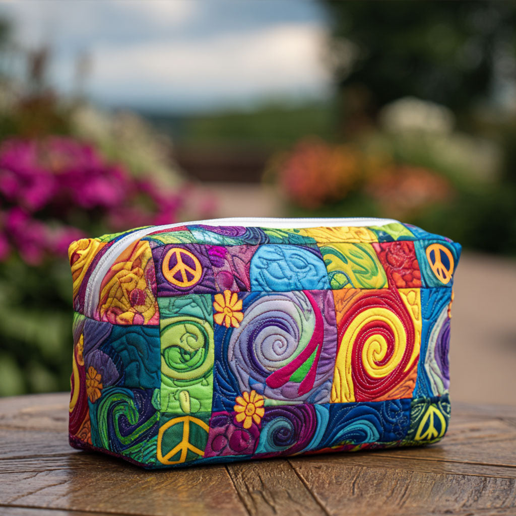 Quilted make-up bag with the Peace Vibe design of peace signs, daisies and toadstools in orange, olive and warm pink