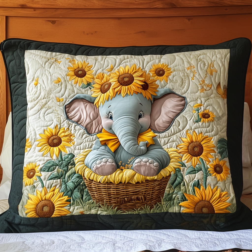 Elephant in the Sunflowers quilted pillowcase – little elephant in a basket of sunflowers