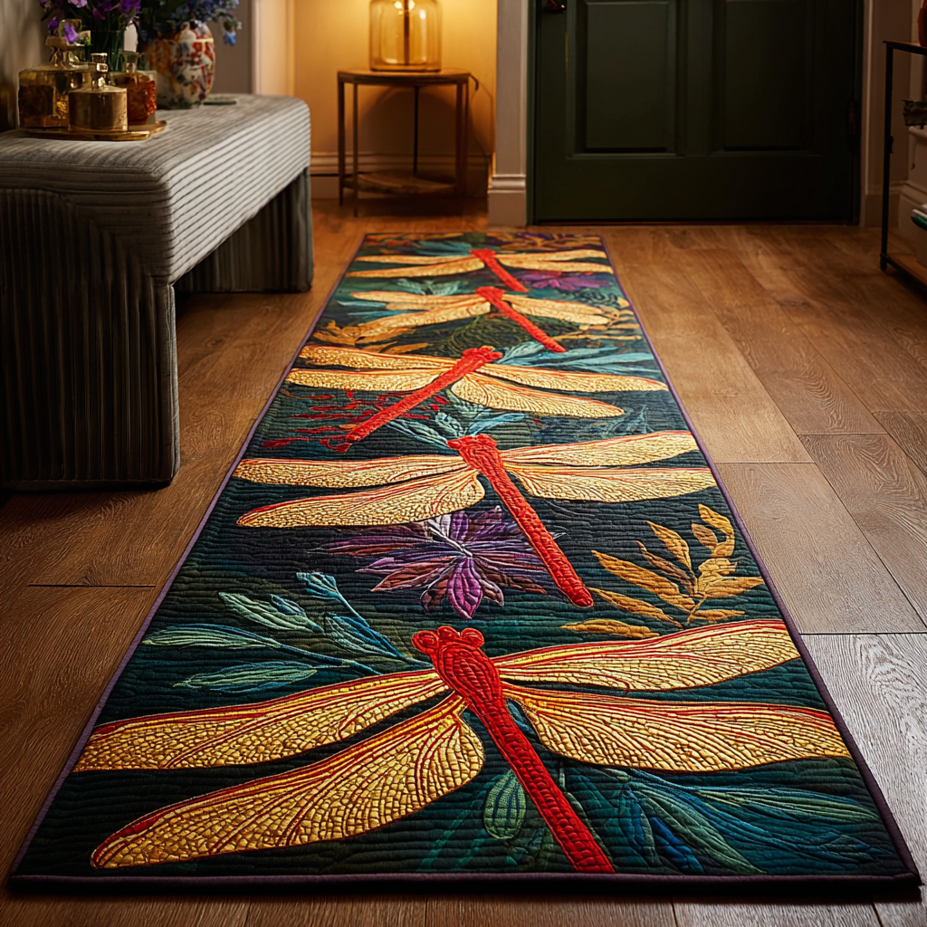 Tranquil Dragonfly hallway runner – golden dragonflies