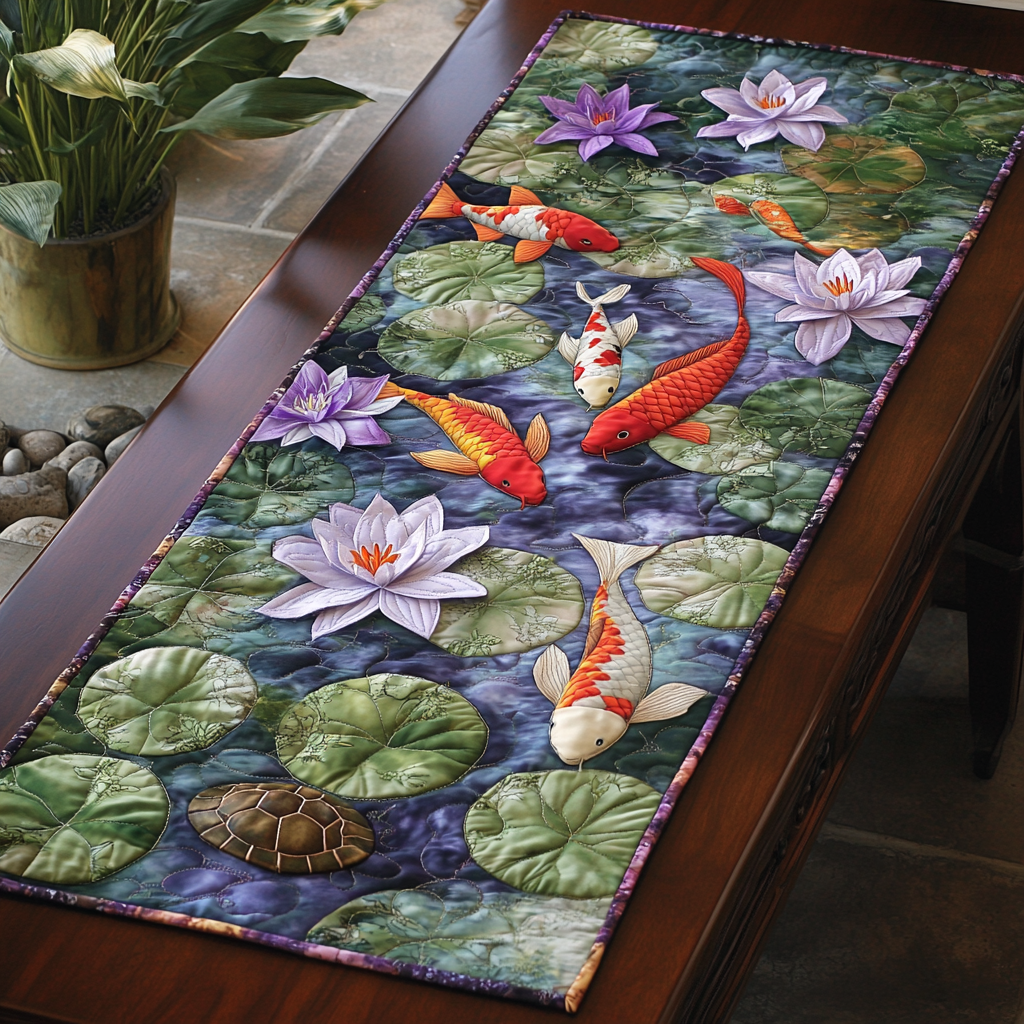 Lotus Koi quilted table runner – koi among lotus flowers