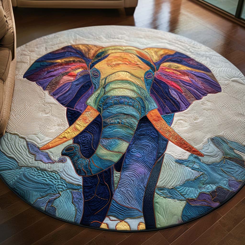 Serene Journey round rug – rainbow elephant