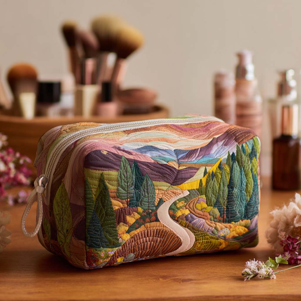 Quilted make-up bag with the Peaceful Valley design of a camper van crossing a daisy meadow in soft greens and sunny yellows