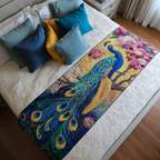 Peacock and Flowers quilted bed runner – blue peacock among pink flowers
