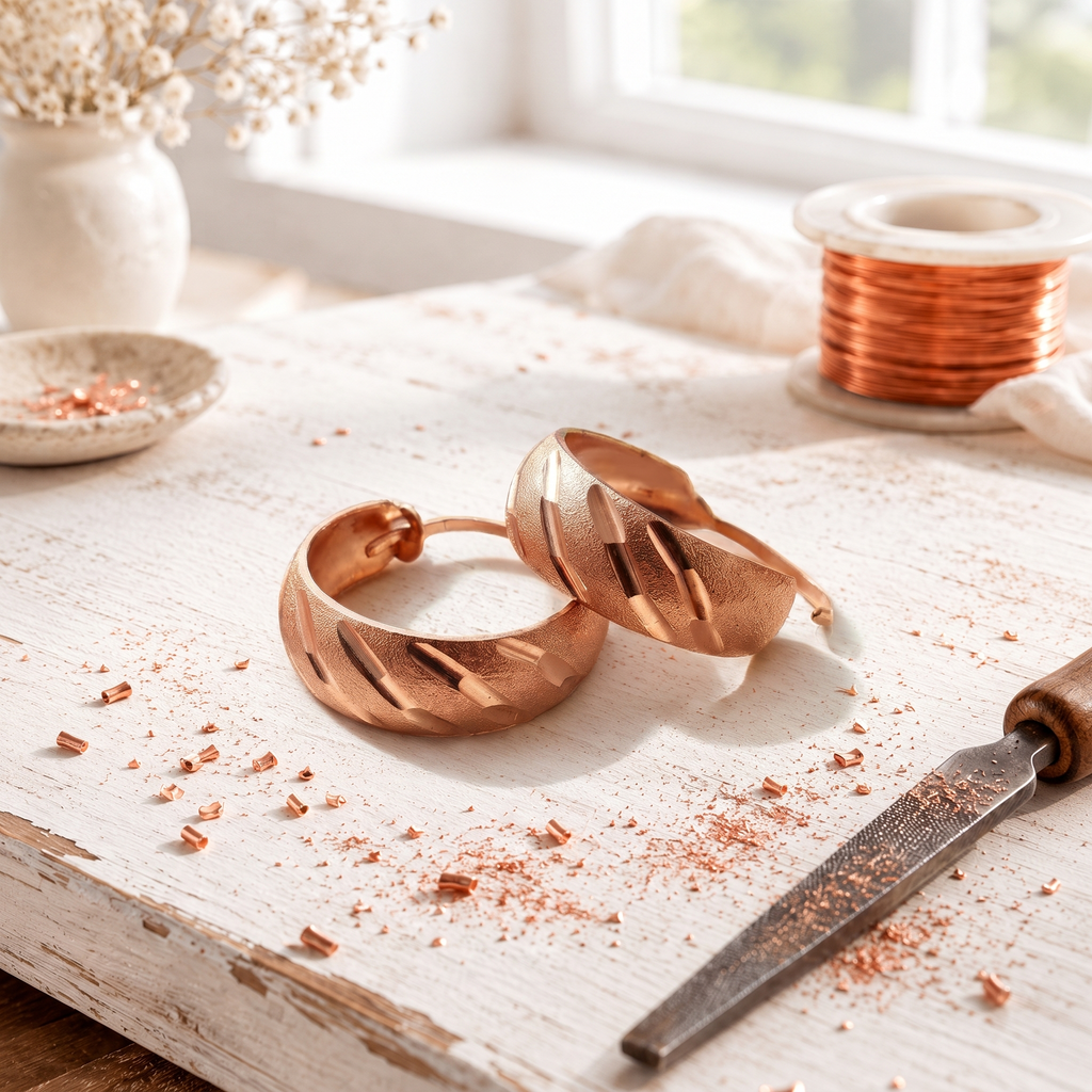 Wide copper hoop earrings with diagonal light-catching facets