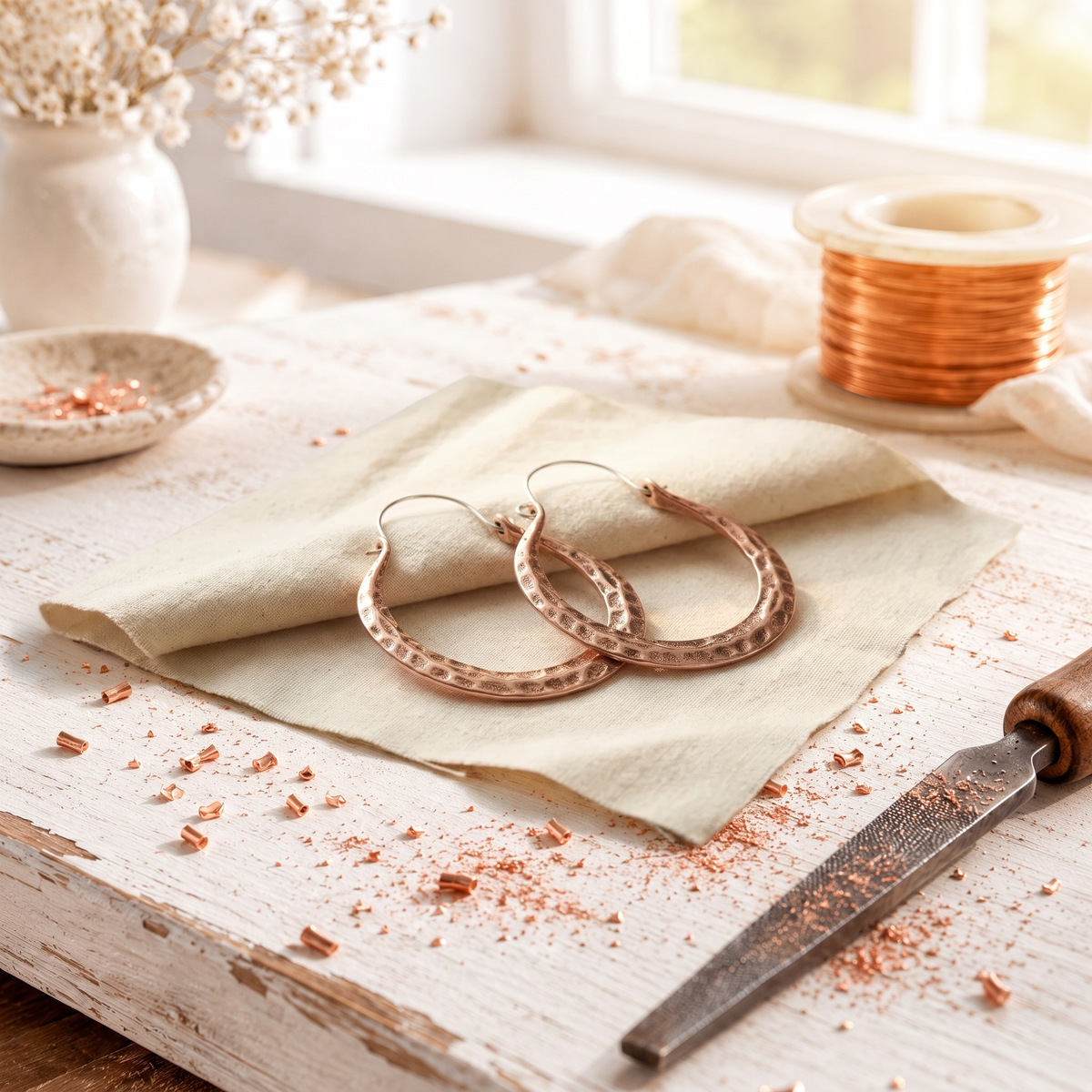 Hammered copper crescent hoop earrings