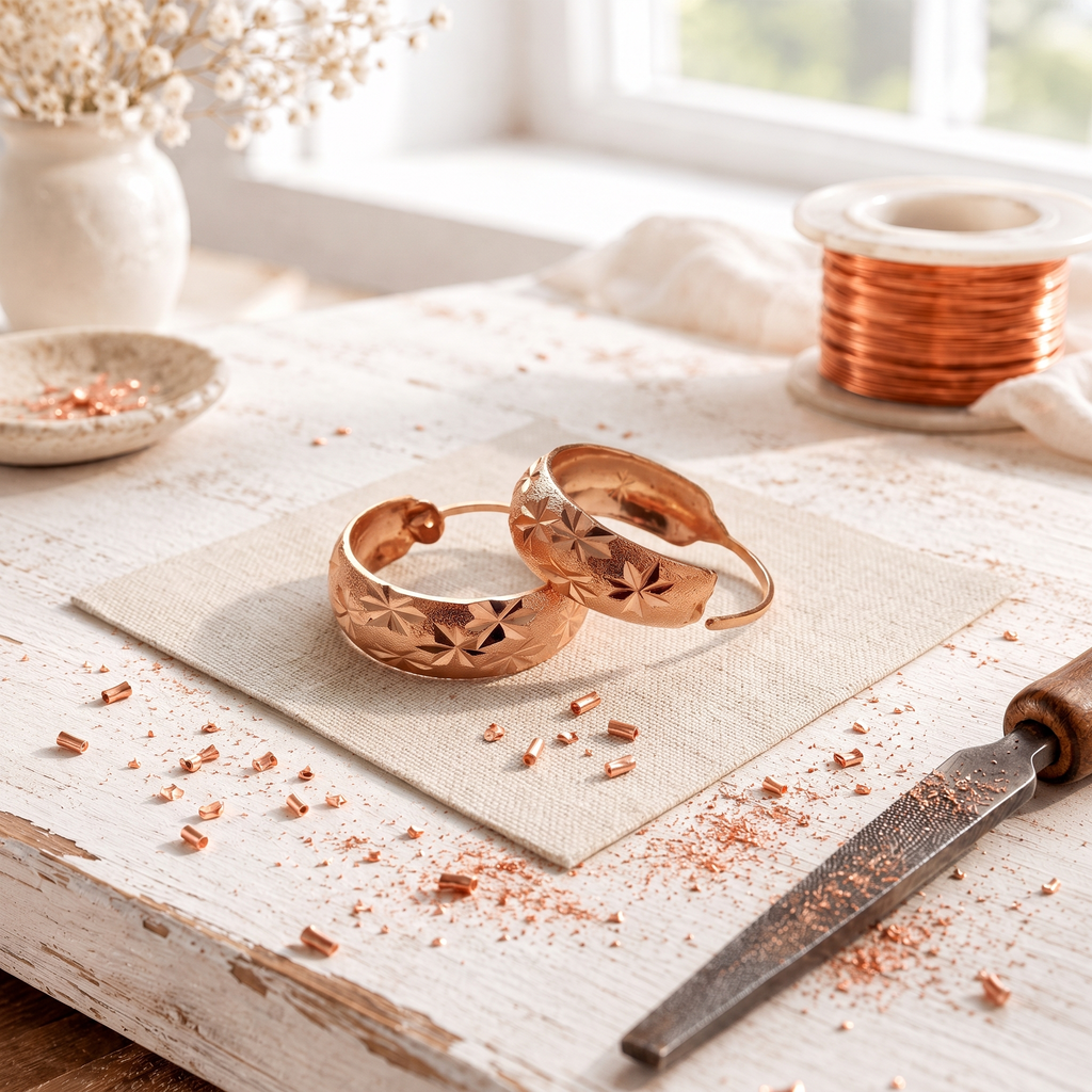 Copper hoop earrings engraved with small star-like flowers