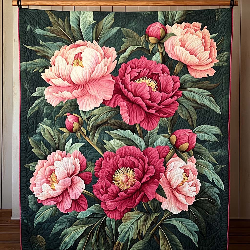 Peony Bouquet art quilt – peonies on green