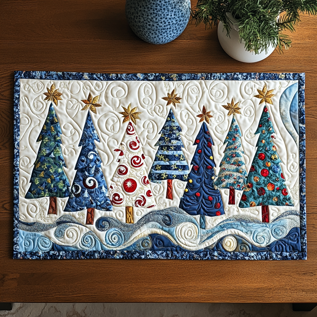 Peppermint Dreams quilted placemats – blue Christmas trees