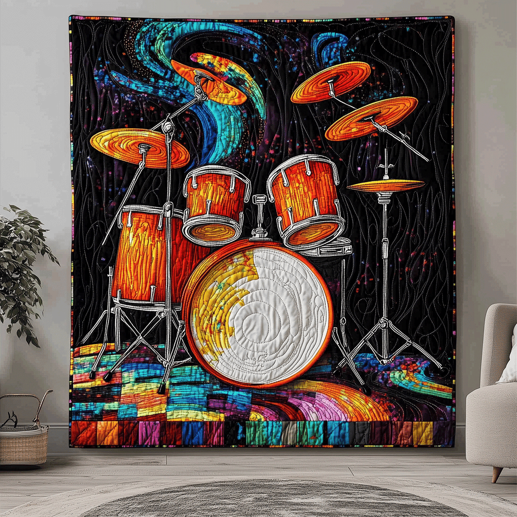Rainbow Drum Kit quilted throw – rainbow drum kit on black