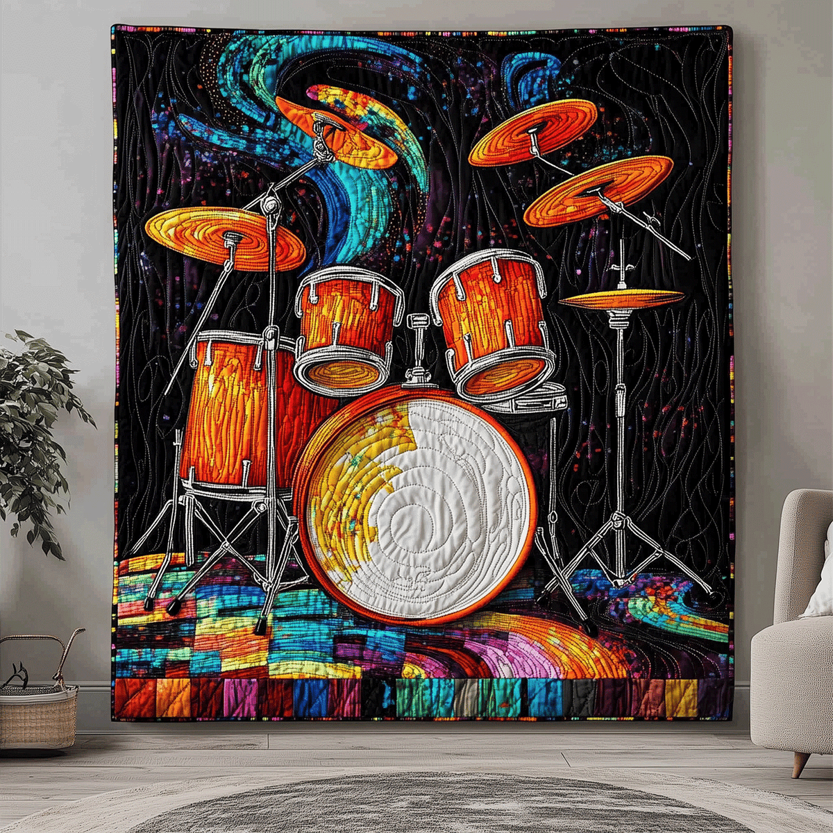 Rainbow Drum Kit quilted throw – rainbow drum kit on black