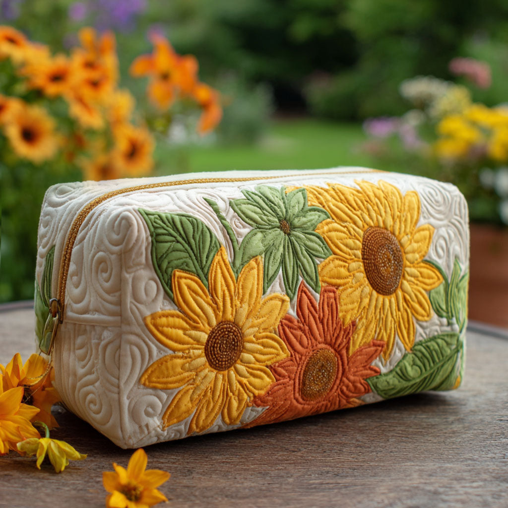Quilted make-up bag with the Petal Dreams design of loose, full-bloom sunflowers on a warm ochre ground